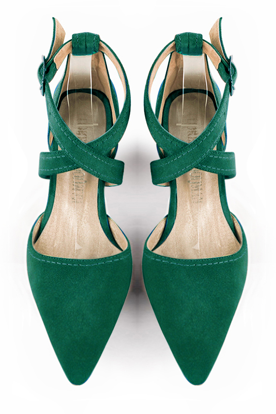 Emerald green women's open side shoes, with crossed straps. Tapered toe. Low flare heels. Top view - Florence KOOIJMAN